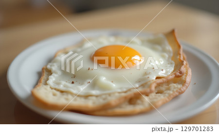 A delicious breakfast of fried egg on toast served on a white plate for a tasty meal 129701283