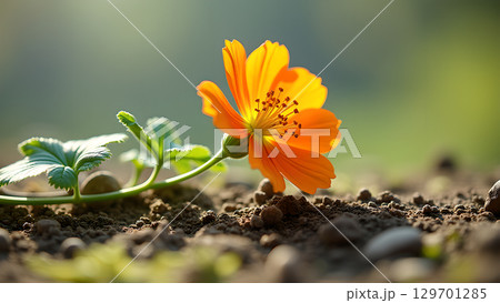 A Captivating Close-Up of an Orange Flower Blooming from the Earth with Soft Sunlight Beautifully Shining 129701285