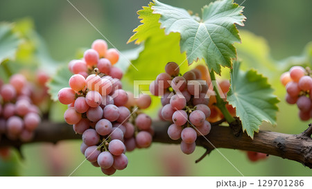 A picturesque view of ripe ruby roman grapes, showcasing their vibrant color and lush leaves, an exquisite natural beauty 129701286