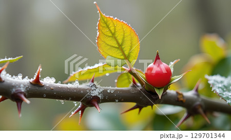 A close-up of a thorny rose branch with a vibrant red rosehip and frost 129701344