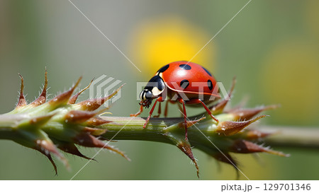 A ladybug resting on a plant stem, highlighting the intricate details of nature's beauty and balance A ladybug resting on a plant stem, highlighting the intricate details of nature's beauty and balance 129701346