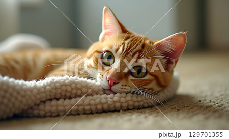 A serene moment with a ginger tabby cat resting comfortably on a fluffy white bed indoors 129701355