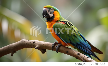 Majestic macaw perched gracefully on a branch showcasing its vibrant plumage in a tropical setting displaying beauty 129701363