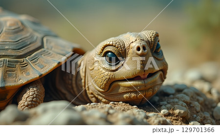 Close-up of a cute tortoise with detailed shell texture and natural light on ground outdoors 129701366