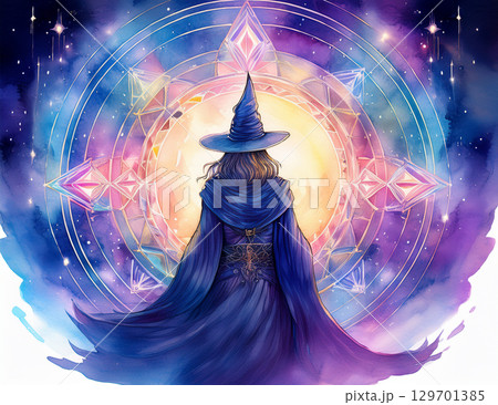 魔法陣と光のエフェクトを操る後ろ姿の魔女 129701385