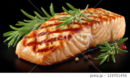 Perfectly Cooked Grilled Salmon Fillet with Fresh Herbs and Garnish on a Black Background 129701456