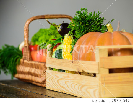 Autumn harvest organic crops pumpkin corn vegetables. Vegetables from garden or farm close up. Homegrown vegetables. Fresh organic vegetables in wicker basket and wooden box. Fall harvest concept 129701547
