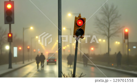 Cityscape in morning mist and fog featuring red traffic lights and blurred silhouettes of people walking 129701558