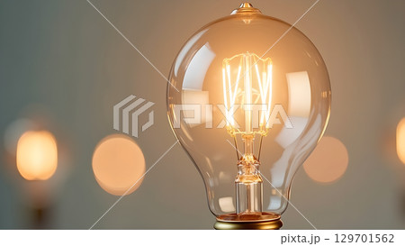Retro light bulb glowing with warm illumination showcasing innovative design and technological advancement in lighting solutions for interior design 129701562