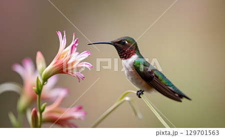 A colorful hummingbird perched delicately on a stem with a beautiful flower facing it creating harmony A colorful hummingbird perched delicately on a stem with a beautiful flower facing it creating harmony 129701563