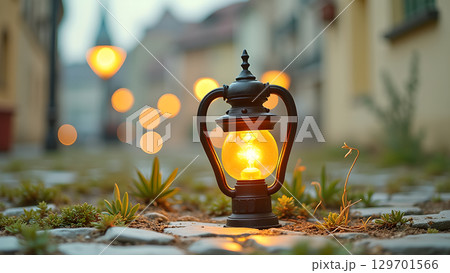 Illuminated lantern on cobblestone path, casting a warm glow amidst bokeh lights and soft, diffused background 129701566