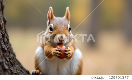 Adorable squirrel perched on a tree branch enjoying a delicious nut in a forest setting 129701577