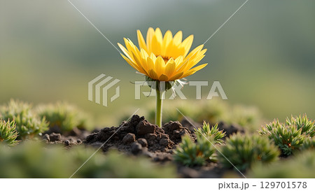 Radiant yellow flower emerging from the earth symbolizing growth and vitality in nature's embrace 129701578