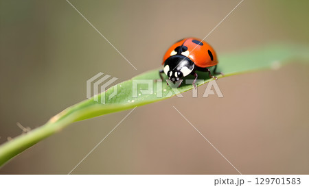 Macro image of a ladybug resting gracefully on a vibrant green leaf in nature light beautiful shot 129701583