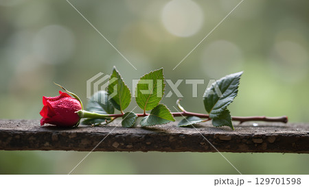 Close up view of a beautiful red rose with water droplets for valentines day concept and anniversary 129701598