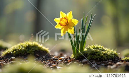 Beautiful sunny yellow daffodil flower growing outdoors, springtime bloom and nature photography in a garden Beautiful sunny yellow daffodil flower growing outdoors, springtime bloom and nature photography in a garden 129701663
