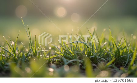 Close up of green grass with water droplets sparkling in the soft morning light during sunrise 129701669