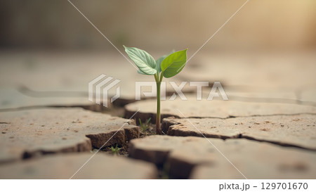 Resilience of life a sprout emerges from cracked earth representing hope and renewal amidst adversity Resilience of life a sprout emerges from cracked earth representing hope and renewal amidst adversity 129701670