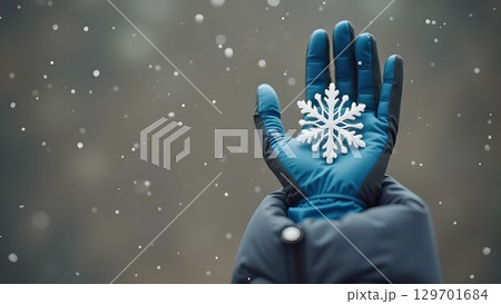Close up of a hand in a glove holding a snowflake as snow falls gently 129701684