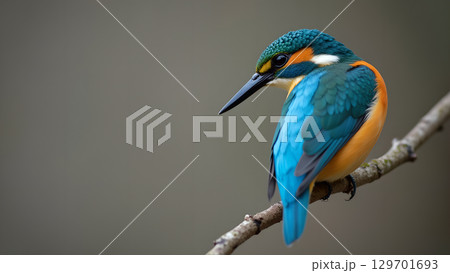 Vibrant kingfisher perched gracefully on a branch showcasing its beautiful feathers and elegant posture while contemplating its surroundings Vibrant kingfisher perched gracefully on a branch showcasing its beautiful feathers and elegant posture while contemplating its surroundings 129701693