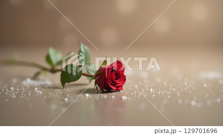 Romantic elegance: A single red rose on a soft surface with delicate water droplets symbolizing love 129701696