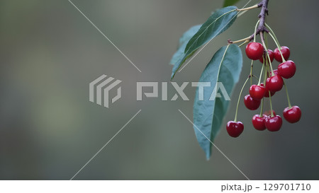 Close up photography of fresh red cherries hanging on branch with green leaves nature background 129701710