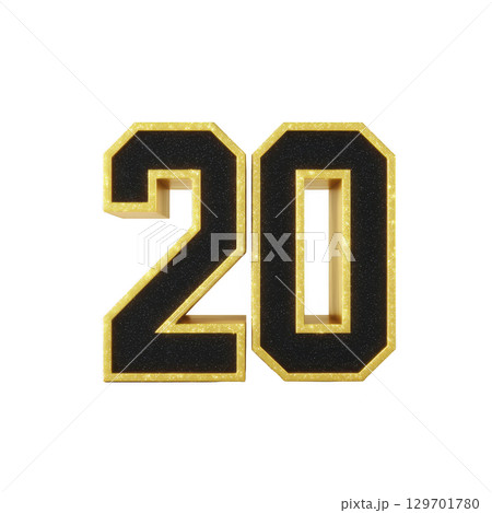 Image features bold, black number 20 with shiny gold outline, creating striking and celebratory appearance. design is set against transparent background, making it versatile for various uses 129701780