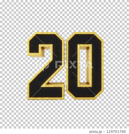 Image features bold, black number 20 with shiny gold outline, creating striking and celebratory appearance. design is set against transparent background, making it versatile for various uses 129701780