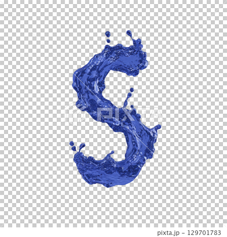 Dynamic splash of water forms shape of letter S against transparency background, creating striking visual effect. fluid motion and vibrant blue color add sense of energy and creativity 129701783