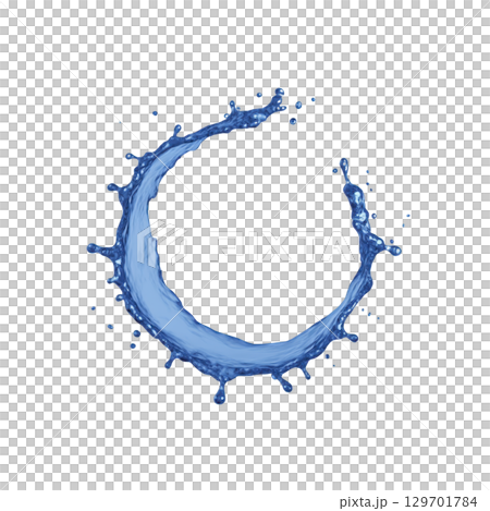 Dynamic splash of blue water forms crescent shape against transparency background, capturing motion and fluidity. vivid color and shape evoke sense of freshness and energy 129701784
