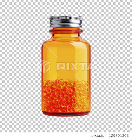 Clear glass bottle with metal cap contains vibrant orange beads, creating striking visual contrast. beads fill lower half of bottle, adding pop of color 129701808