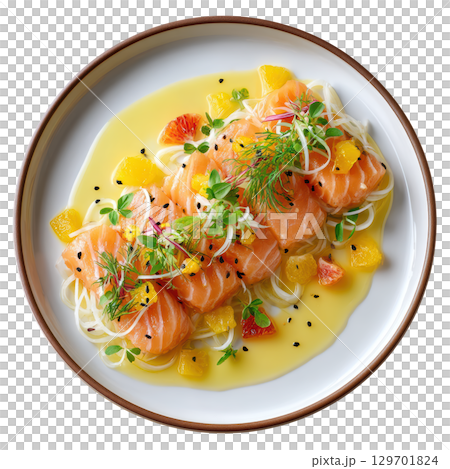 Thinly Sliced Arctic Char Cured in Yuzu Juice with Shaved Daikon and Blood Orange Segments 129701824