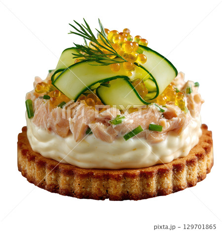 Gourmet Smoked Trout Mousse on Pumpernickel Cracker with Pickled Cucumber Ribbons and Dill Garnish 129701865