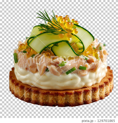 Gourmet Smoked Trout Mousse on Pumpernickel Cracker with Pickled Cucumber Ribbons and Dill Garnish 129701865