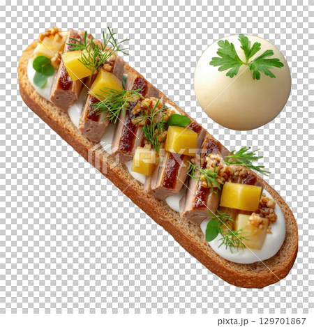 Smoked Eel Rillette on Crisp Rye Toast with Pickled Apple Cubes and Horseradish Cream Garnish Smoked Eel Rillette on Crisp Rye Toast with Pickled Apple Cubes and Horseradish Cream Garnish 129701867