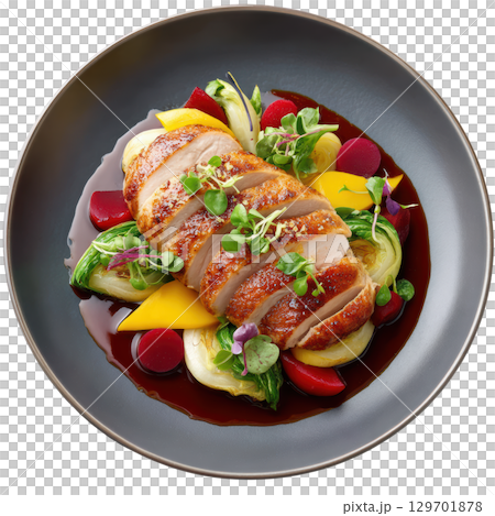 Sliced Roasted Pheasant Breast with Sloe Gin Jus and Colorful Vegetable Garnish on Elegant Plate Sliced Roasted Pheasant Breast with Sloe Gin Jus and Colorful Vegetable Garnish on Elegant Plate 129701878