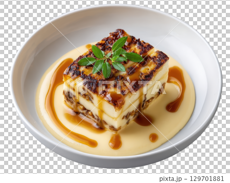Layered Roasted Celeriac Terrine with Smoked Cheddar and Caramelized Fig drizzled with Walnut Jus and Celeriac Oil 129701881