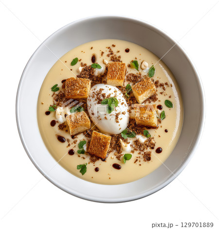 Creamy Pale Soup with Parsnip Crisps and Vanilla Bean Cream in Shallow Bowl Garnished with Fresh Herbs 129701889