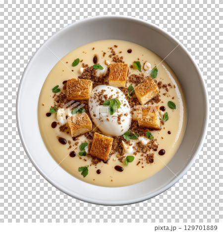 Creamy Pale Soup with Parsnip Crisps and Vanilla Bean Cream in Shallow Bowl Garnished with Fresh Herbs 129701889