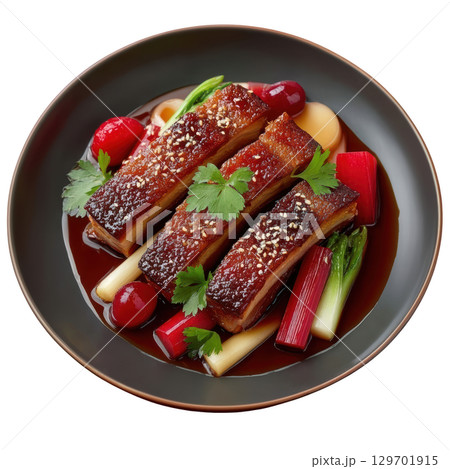 Crispy Pork Ear with Golden Texture on Smoked Rhubarb Puree and Glazed Baby Beetroot with Rhubarb Jus 129701915