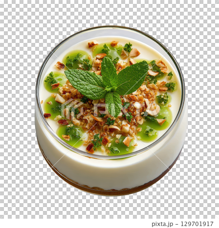 Elegant Elderflower Panna Cotta Dessert with Floral Infusion, Topped with Gooseberry Gel and Candied Blossoms 129701917