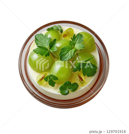 Elegant Elderflower Panna Cotta Dessert with Gooseberry Gel and Candied Blossoms for a Floral Delight Elegant Elderflower Panna Cotta Dessert with Gooseberry Gel and Candied Blossoms for a Floral Delight 129701918