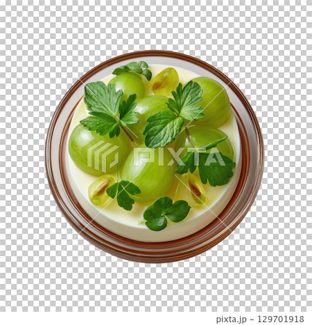 Elegant Elderflower Panna Cotta Dessert with Gooseberry Gel and Candied Blossoms for a Floral Delight Elegant Elderflower Panna Cotta Dessert with Gooseberry Gel and Candied Blossoms for a Floral Delight 129701918