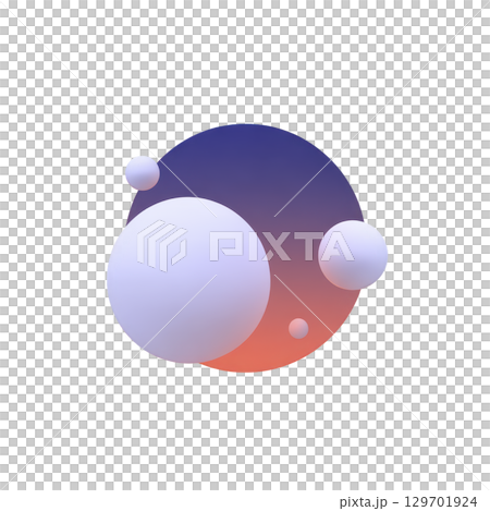 Gradient sphere with smaller orbs creates modern, abstract design. main sphere transitions from blue to orange, surrounded by smaller white spheres, evoking sense of depth and creativity 129701924