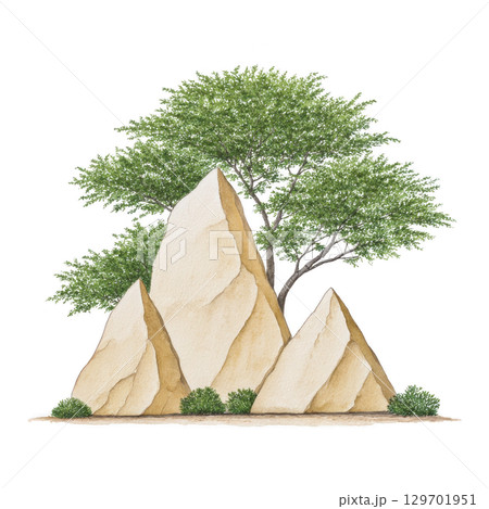 Group of three triangular stone formations stands in front of lush green tree, surrounded by small bushes, creating serene natural scene 129701951