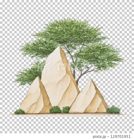 Group of three triangular stone formations stands in front of lush green tree, surrounded by small bushes, creating serene natural scene 129701951