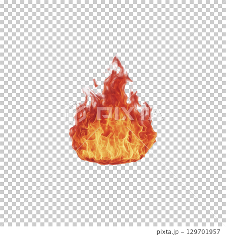 Vibrant illustration of blazing fire with bright orange and yellow flames against transparent background, symbolizing heat and energy 129701957