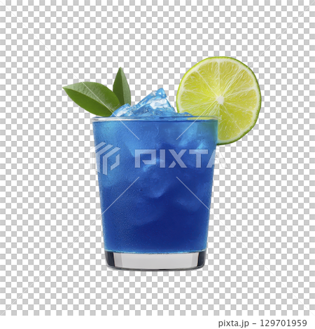 Refreshing blue cocktail in glass with ice cubes, garnished with lime slice and green leaves, evokes tropical vibe 129701959