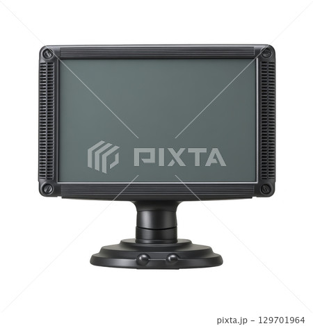 Black, rectangular monitor with sturdy stand is displayed against plain background. screen is blank, and frame has textured design, giving it modern and sleek appearance 129701964