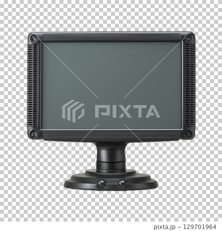 Black, rectangular monitor with sturdy stand is displayed against plain background. screen is blank, and frame has textured design, giving it modern and sleek appearance 129701964